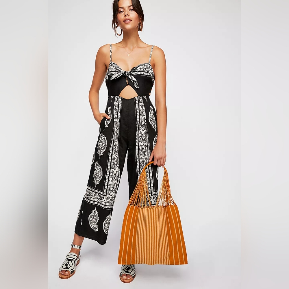 Free People Boho Linen Jumpsuit, Black and White, Size 4